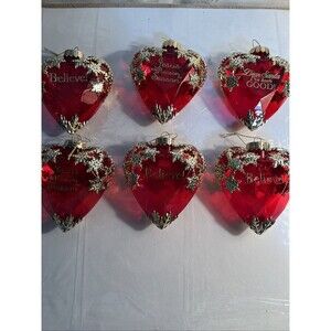 Set Of 6 Red & Gold Heart Shaped Plastic Christmas Ornaments Believe Jesus Is